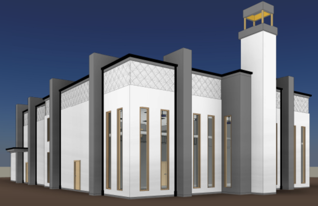 Architectural rendering of the new Ocean City masjid — front perspective with minaret and main entrance
